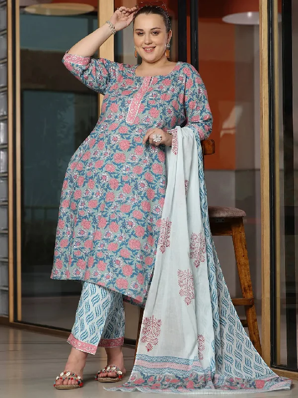 Plus Size Blue Printed Cotton Straight Suit With Dupatta