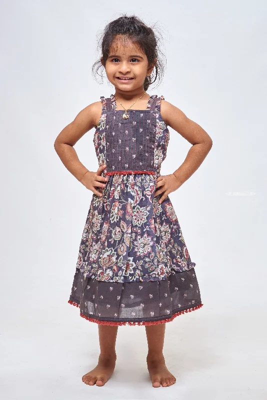 Blue Bloom: Floral Printed Pleated Blue Cotton Frock for Girls