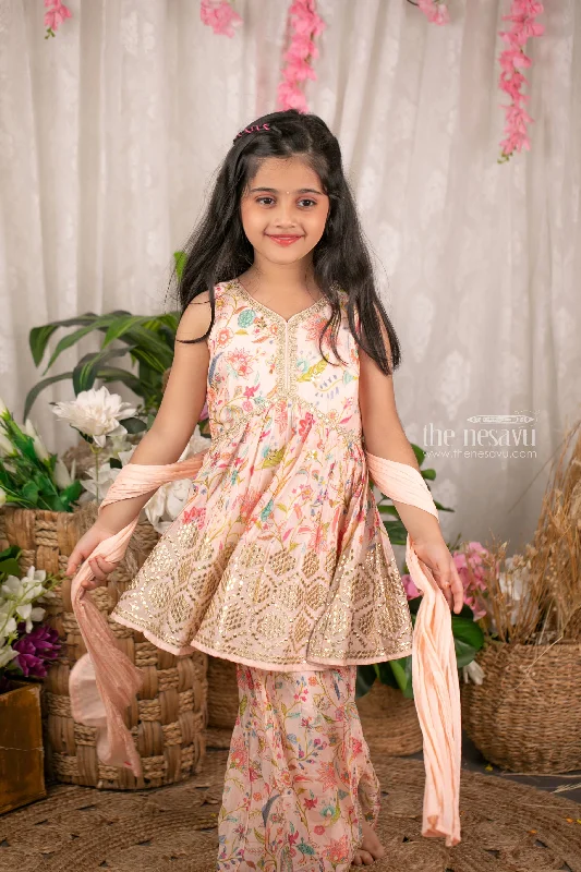 Mesmeric Sequins Embroidered Salmon Peplum Kurti with Palazzo Classic Festive Ensemble