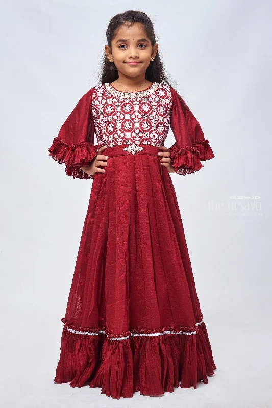 Red Resham Embroidery & Knife Pleats: Bell Sleeve Gown for Girls