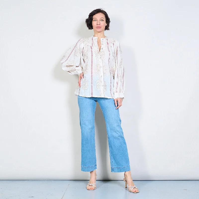 Vintage floral embroidered button-up blouse wholesale