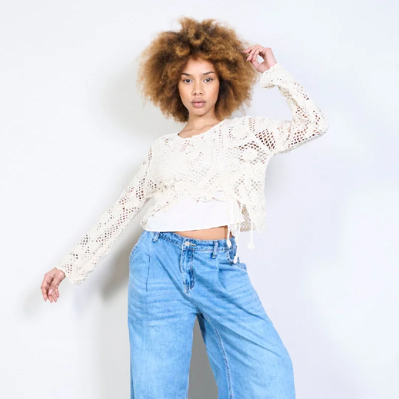 Floral crochet knit wrap blouse wholesale