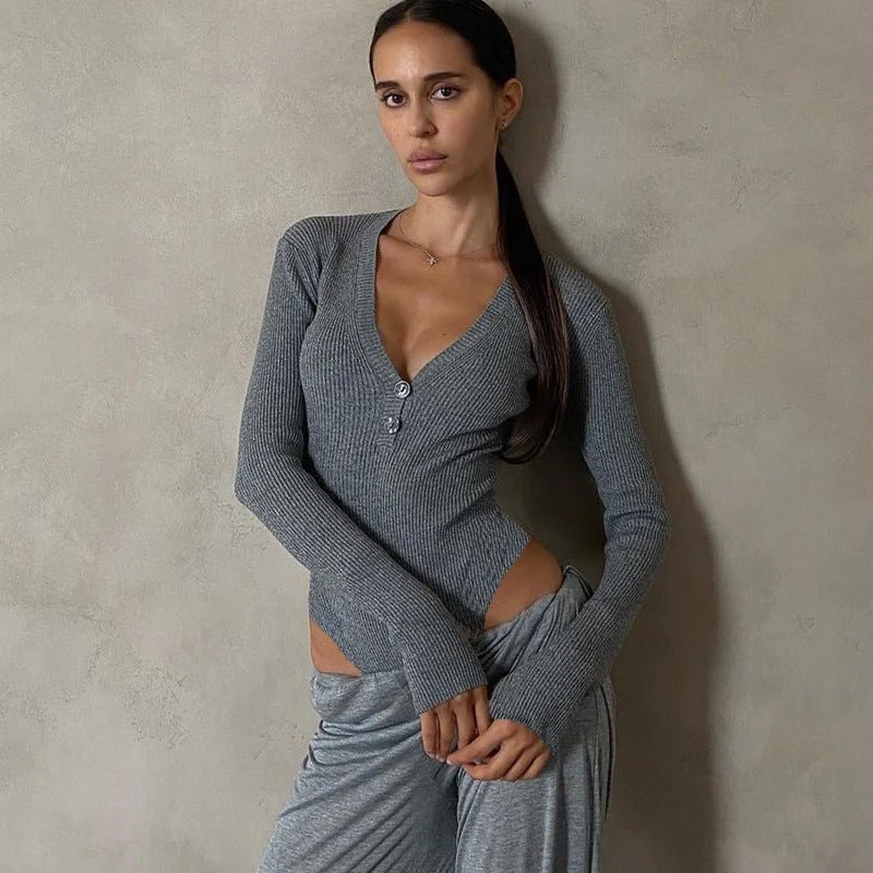 Slim deep V button cotton pit stripe one-piece long-sleeved top
