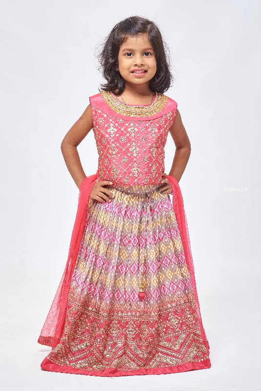 Pink Elegance: Sequin & Zari Adorned Top with Patola Designer Pink Lehenga and Dupatta Set for Girls