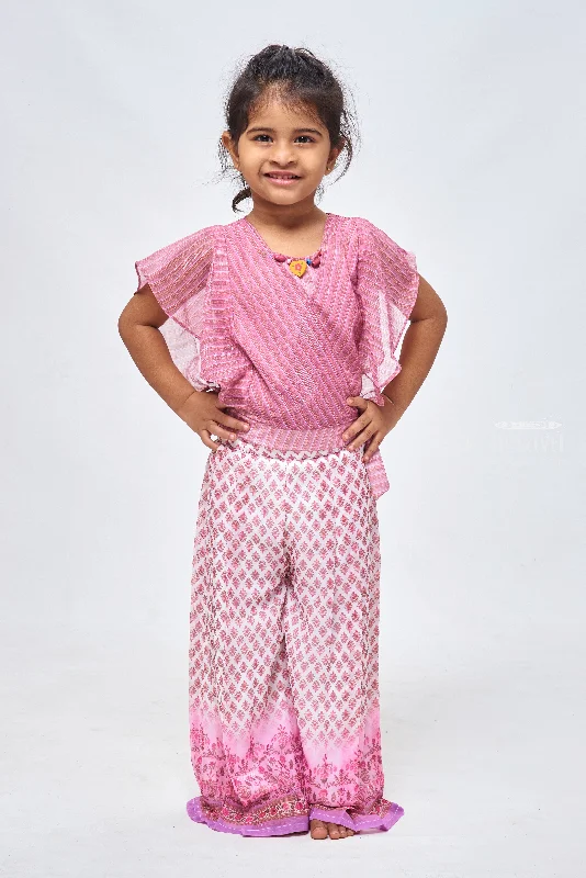 Floral Brocade Printed Palazzo & Striped Purple Top: Fusion Sophistication for Girls
