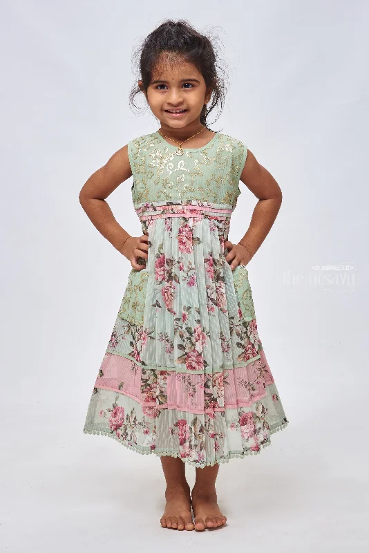 Green Gem: Sequin Embroidered Floral Printed Green Cotton Frock for Girls