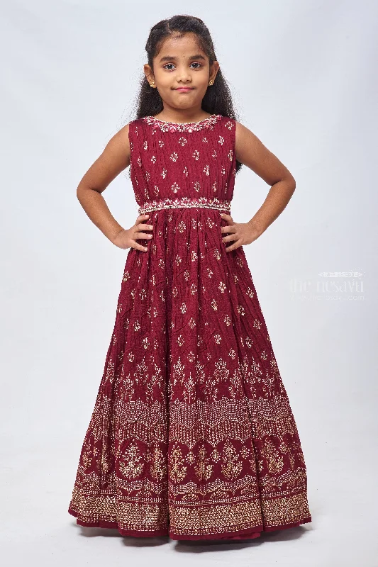 Foil Printed Purple Pleated Elegance: Full Length Gown for Girls