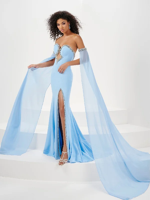 Fitted Beaded Strapless Cape Sleeve Slit Gown by Panoply 14194
