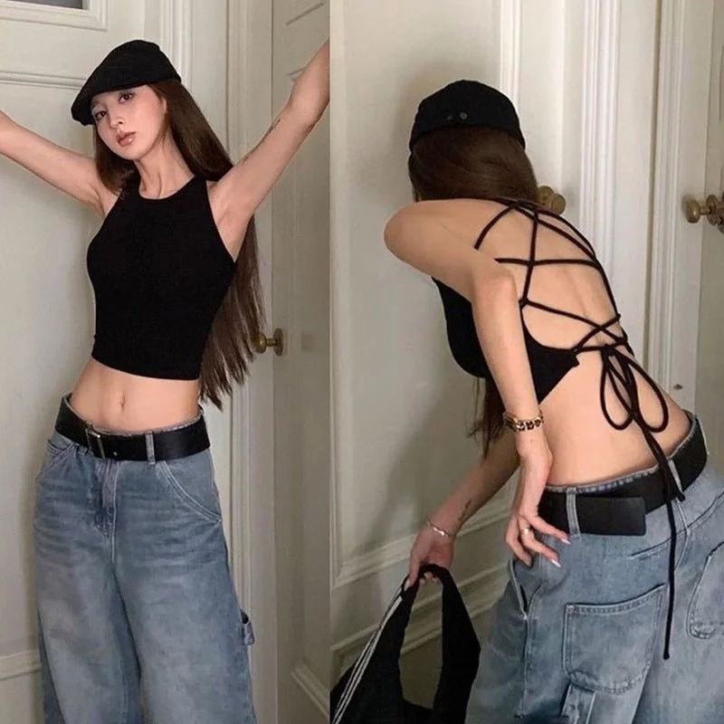 New sleeveless straps large backless crop top