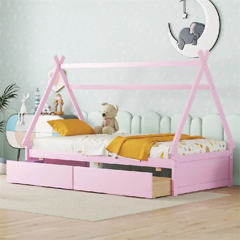 Twin Size House Platform Bed with Two Drawers,Headboard and Footboard