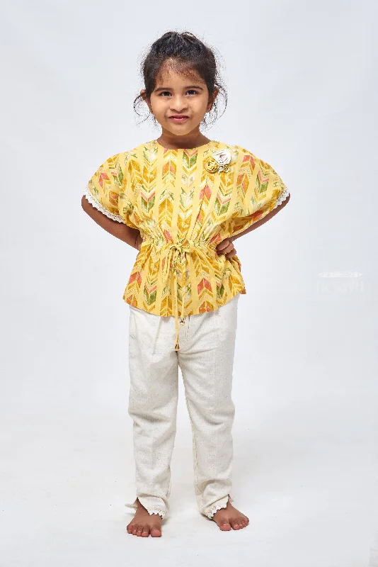 Geometrical & Foil Printed Yellow Kaftan Top & Half White Pant: Trendy Fusion for Girls