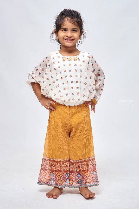 Geometric Printed White Crop Top & Ikat Designer Blue Palazzo: Contemporary Look for Girls