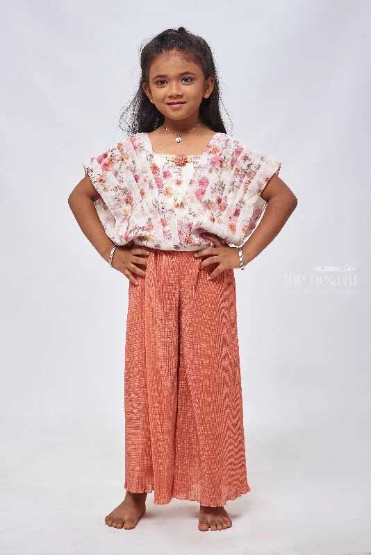 Floral Printed Crop Top & Brown Velvet Palazzo: Refined Grace for Girls