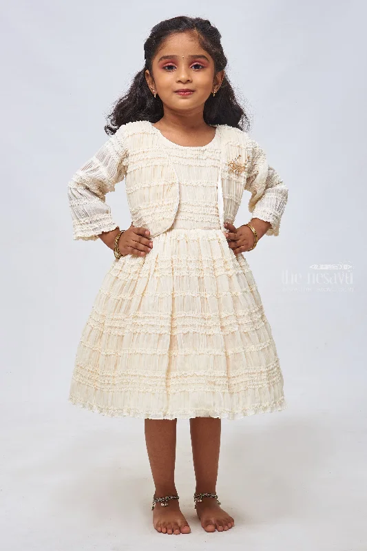 Ivory Allure: Girls Ceremonial Wear with Graceful Ruffles, Pleats & Complementary Overcoat