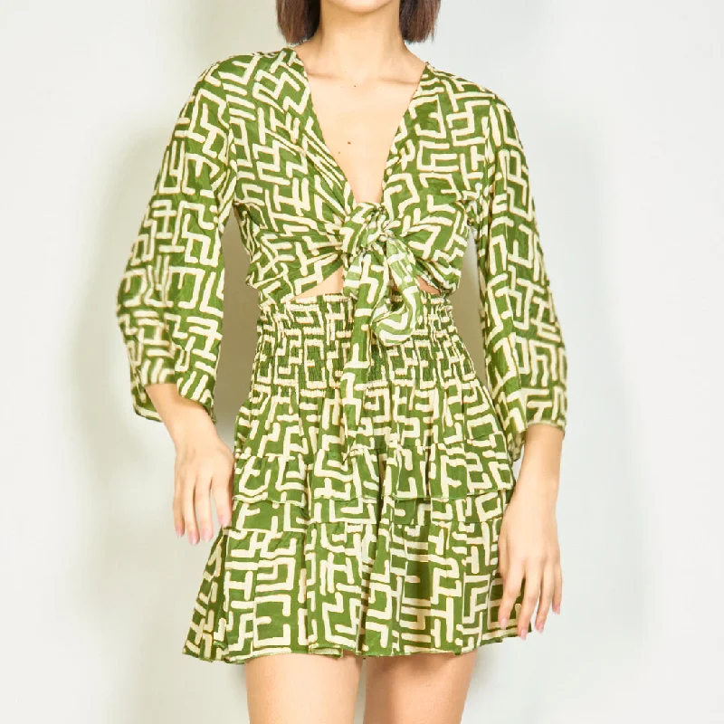 Geometric tie-front blouse and smocked skirt set wholesale
