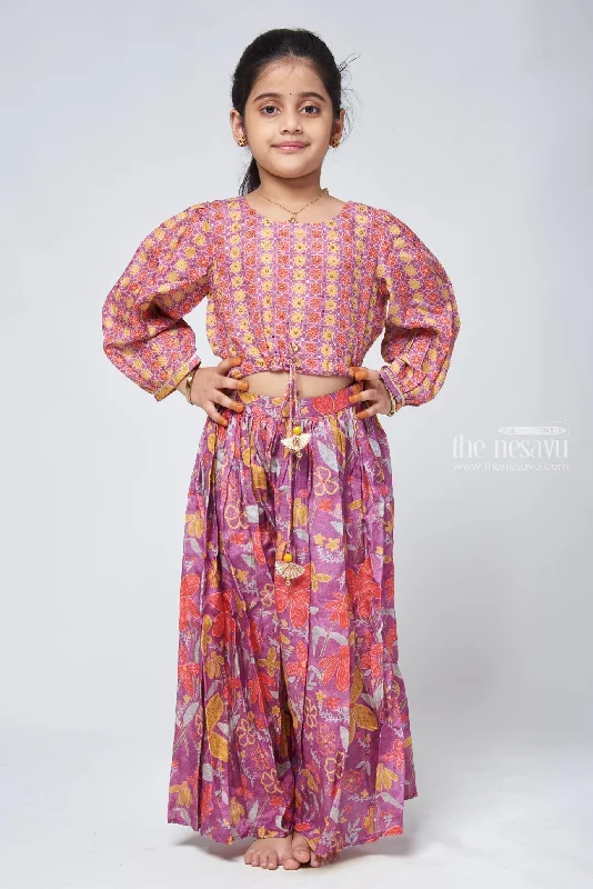 Exquisite Pearl Embroidered Floral Purple Top & Palazzo: Festive Grace for Girls