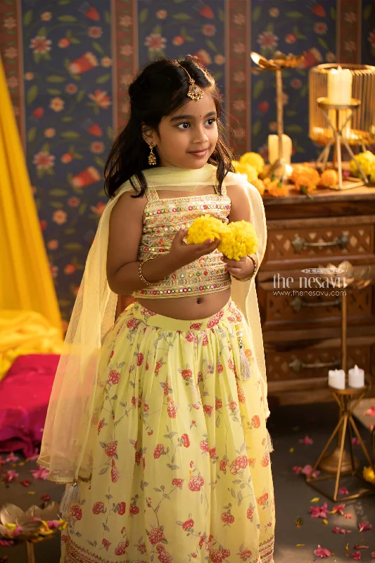 Emerald Enchantment: Faux Mirror & Sequin Embellished Top with Floral Designer Green Lehenga for Girls