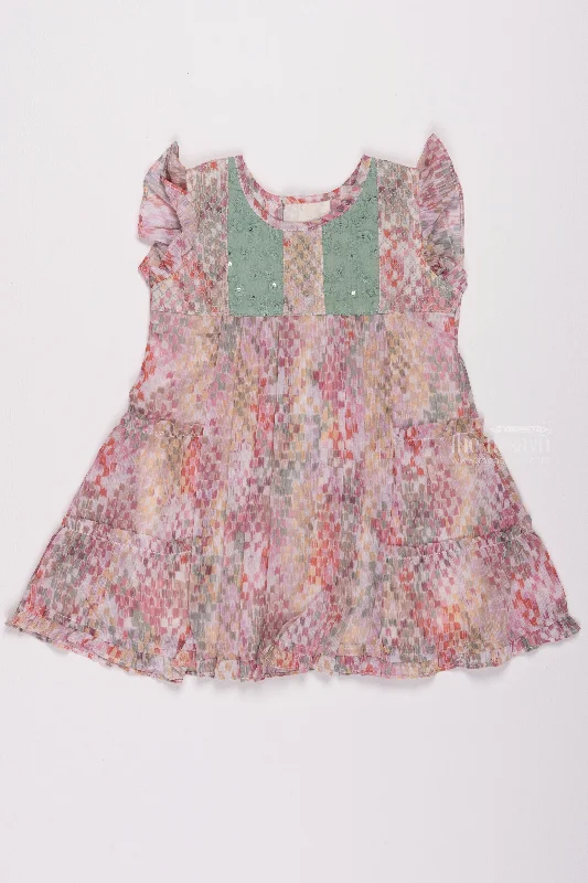 Kaleidoscopic Dream: Geometric Magic on Multicolored Pleated Dress, Tailored Elegance for Whimsical Little Ones