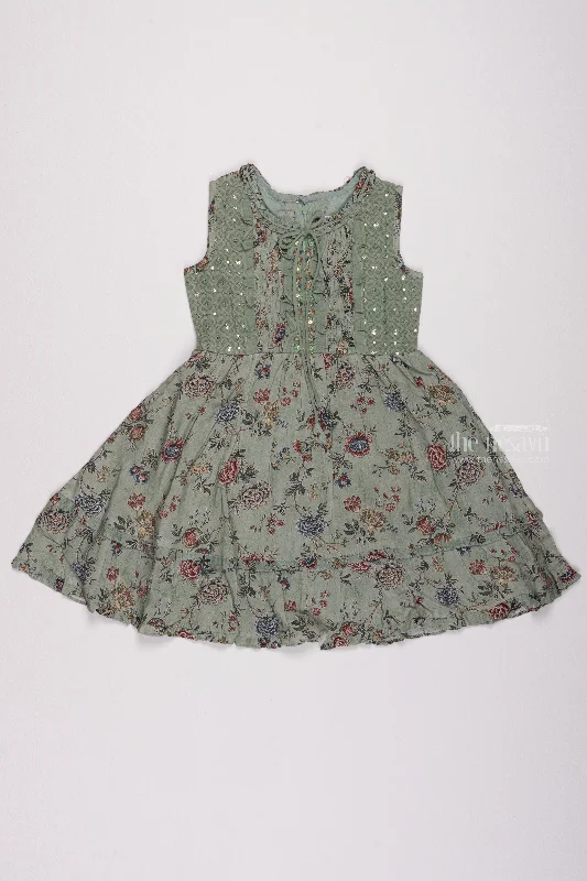 Green Goddess: Sleeveless Cotton Frock with Floral Print for Girls