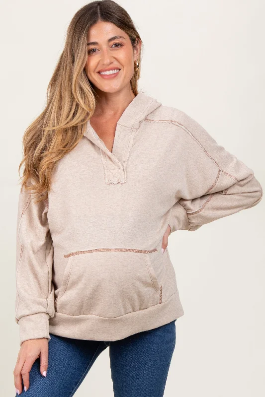 Beige Oversized Raw Hem Maternity Hoodie
