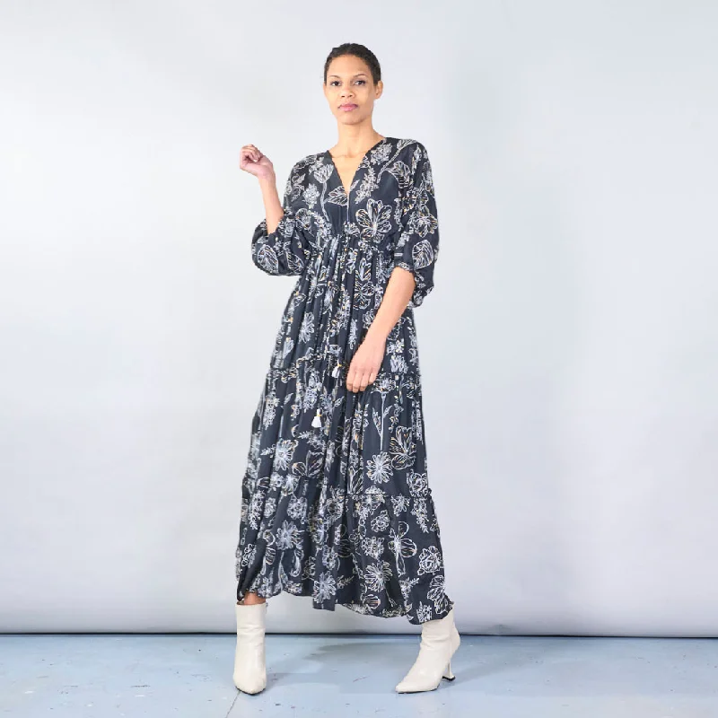 Black floral print maxi dress with tie waist wholesale