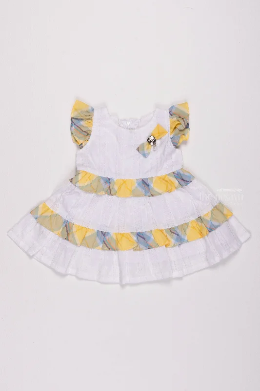 Golden Sunrise: Cascading Yellow Frock, Floral Artistry on Cotton, Enhanced with Hakoba Patterns