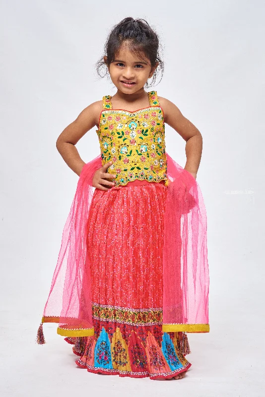 Golden Radiance: Resham Embroidered Top with Bandhani Printed Pink Lehenga Ensemble for Girls