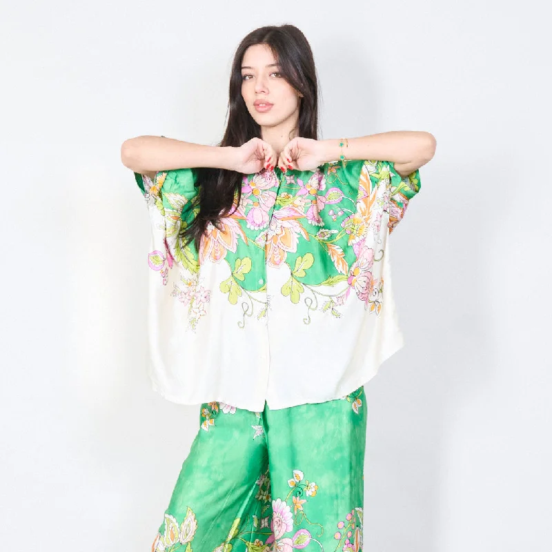 Floral silk-touch button-up blouse wholesale