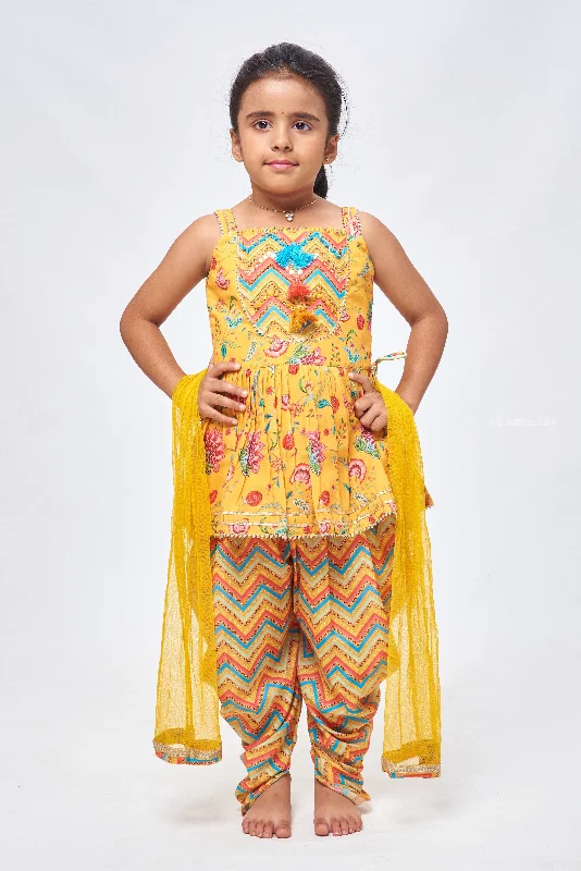 Radiant Sequin Floral Pleated Yellow Kurti & Zig Zag Dhoti: Festive Ensemble for Girls