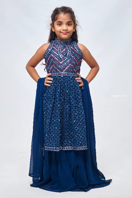Lavish Faux Mirror Sequin Navy Blue Kurti & Sharara: Traditional Glamour for Girls