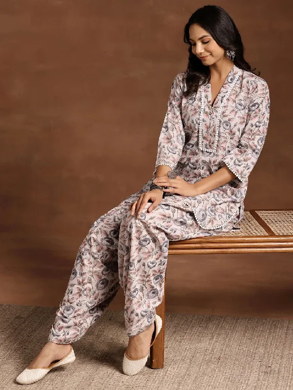 Grey Printed Cotton Straight Kurta Set