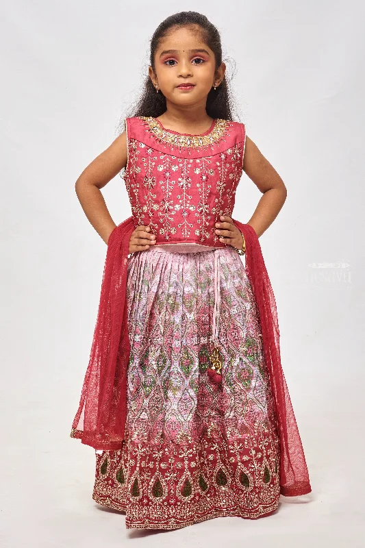 Scarlet Elegance: Sequin & Zari Adorned Red Top with Ogee Printed Pleated Lehenga and Dupatta Ensemble for Girls
