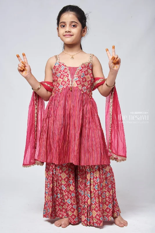 Elegant Sequin Patola Striped Pink Kurti & Gharara with Dupatta: Traditional Elegance for Girls