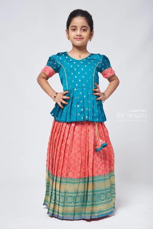 Floral Butta Green Peplum Blouse combined with Banarasi Pink Pattu Pavadai Traditional Festive Wear