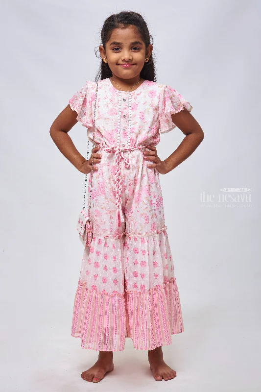 Floral Printed Pink Jumpsuit with Flare Sleeves: Stylish Charm for Girls
