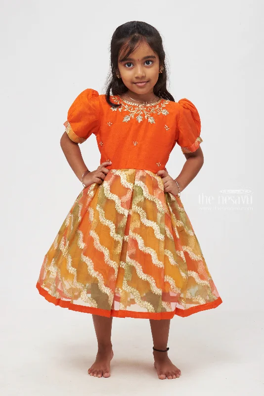 Radiant Orange Wave Pleats Silk Organza Frock Puffed Elegance for Young Trendsetters
