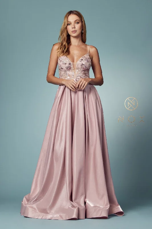 Sleeveless Iridescent A-line Gown by Nox Anabel E1004