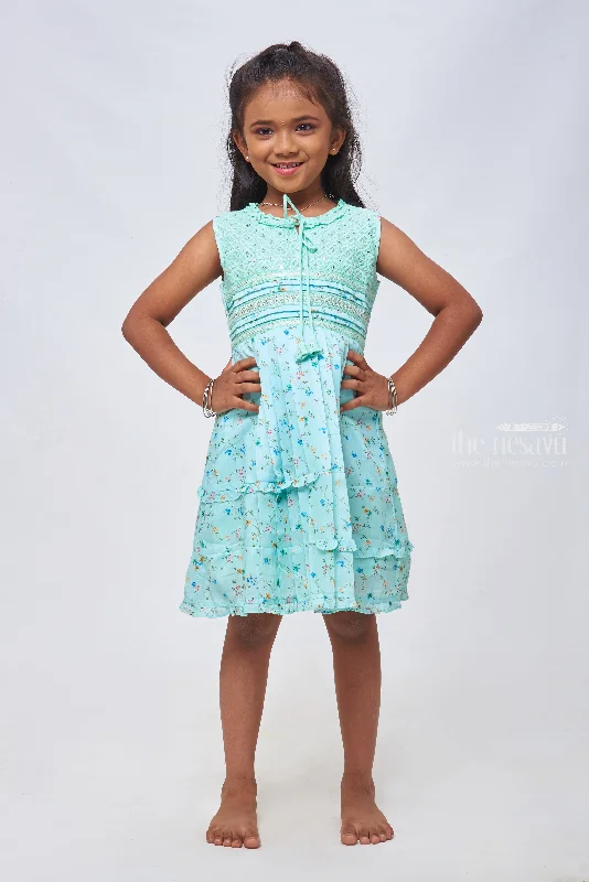 Blue Bling: Sequin Embroidered Floral Printed Pleated Blue Cotton Frock for Girls