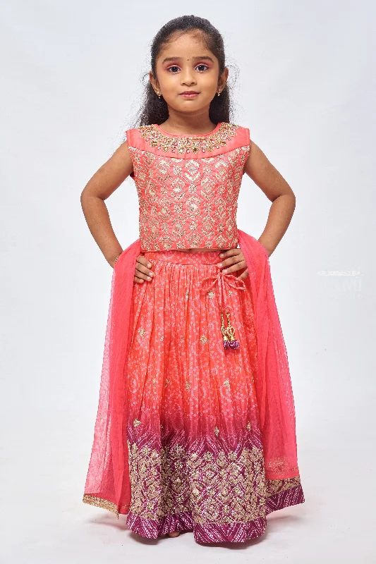 Sparkling Tradition: Zari & Sequin Embellished Top with Bandhani Printed Pink Lehenga and Dupatta for Girls