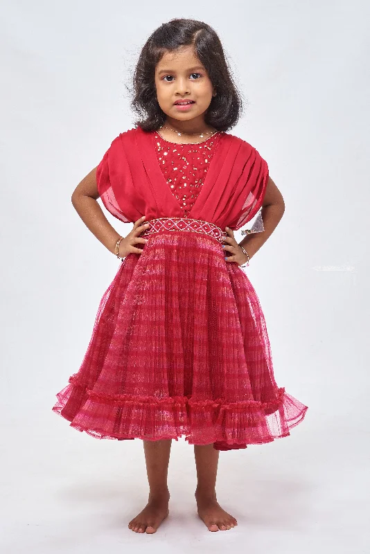 Crimson Elegance: Girls Celebration Dress with Striped Pleats & Gleaming Embellishments
