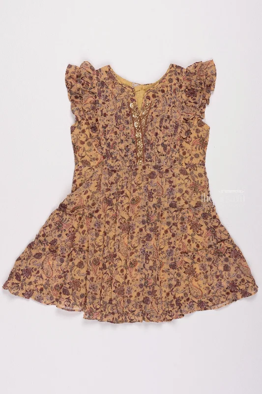 Sunshine Elegance: Charming Pleated Yellow Cotton Frock with Floral Brilliance for Little Ladies