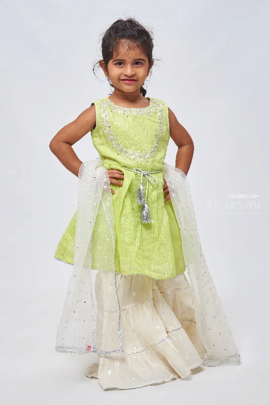 Lurex Zari Embroidered Pleated Green Kurti & Sharara: Chic Elegance for Girls
