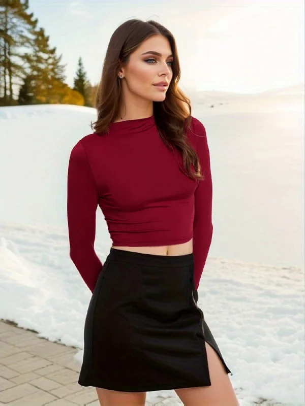 Slim navel-exposed half-high collar short long-sleeved tops
