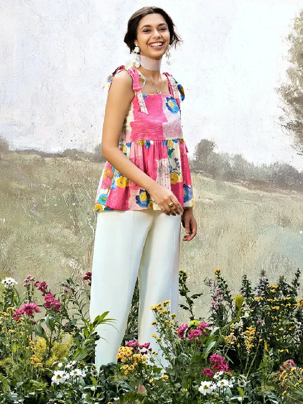 Pink Printed Cotton Anarkali Short Kurti