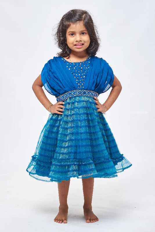 Dazzling Blue Gala Frock for Girls: Adorned with Rhinestones & Reflective Mirror Accents