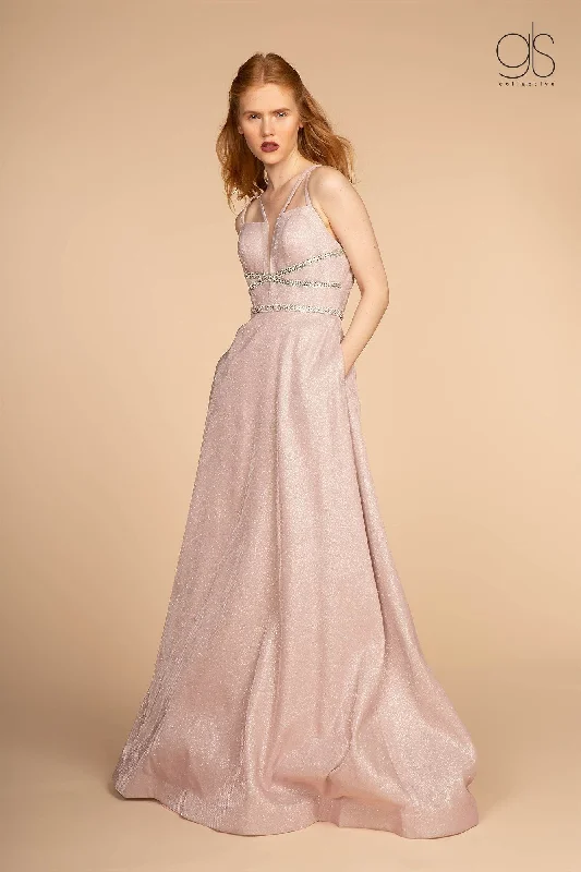 Long Deep V-Neck Glitter Dress with Pockets by Elizabeth K GL2506