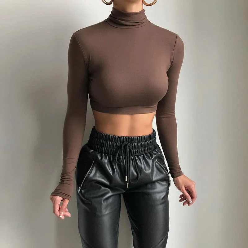 New women's sxy slim crop top long-sleeved high-necked top