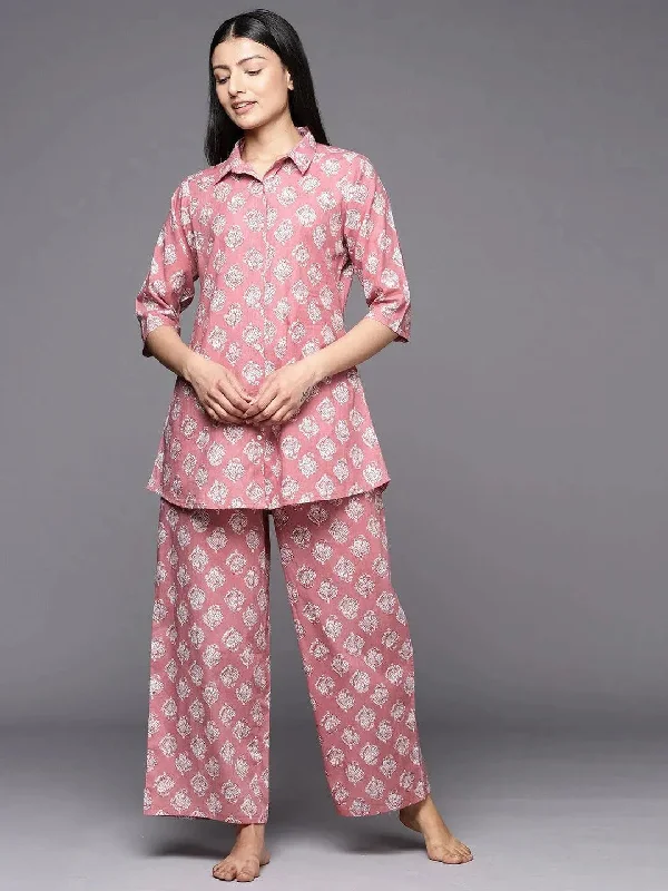 Mauve Printed Cotton Night Suit