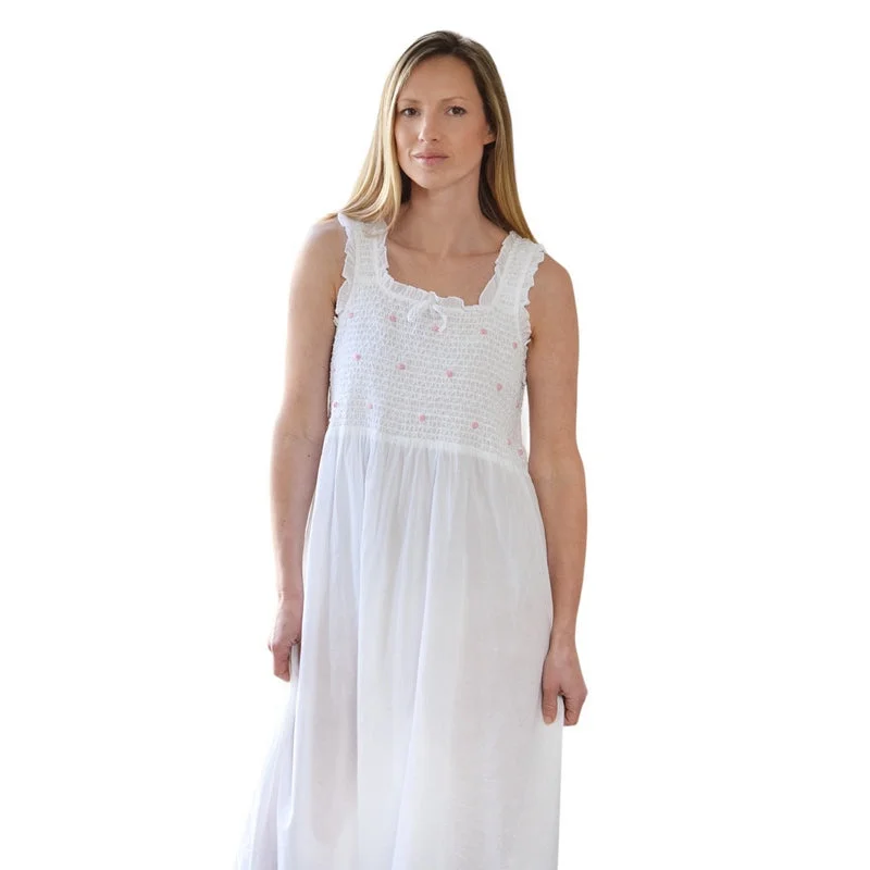 Ava Smocked Bodice Strappy Nightdress White with Pink Rosebuds Best-value pajama sets