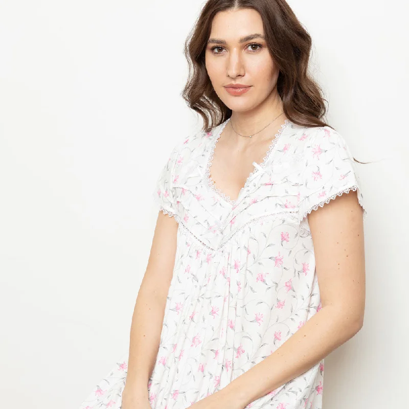 Cottonreal 'Felicia' Cotton Short Sleeve Nightdress in Floral (white) Short sleeve pajama sets